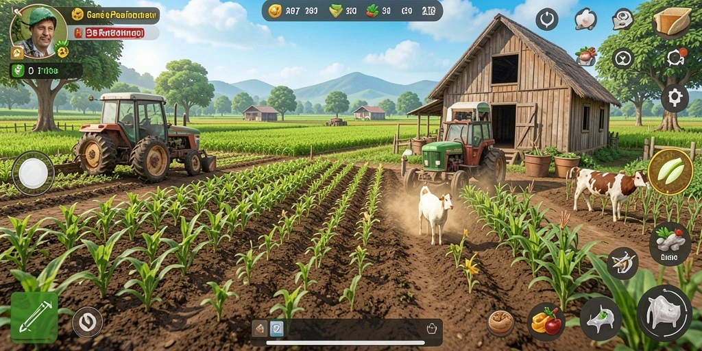 Tampilan screenshot gameplay <strong>API77</strong> menunjukkan ladang hijau subur dan interaksi hewan.