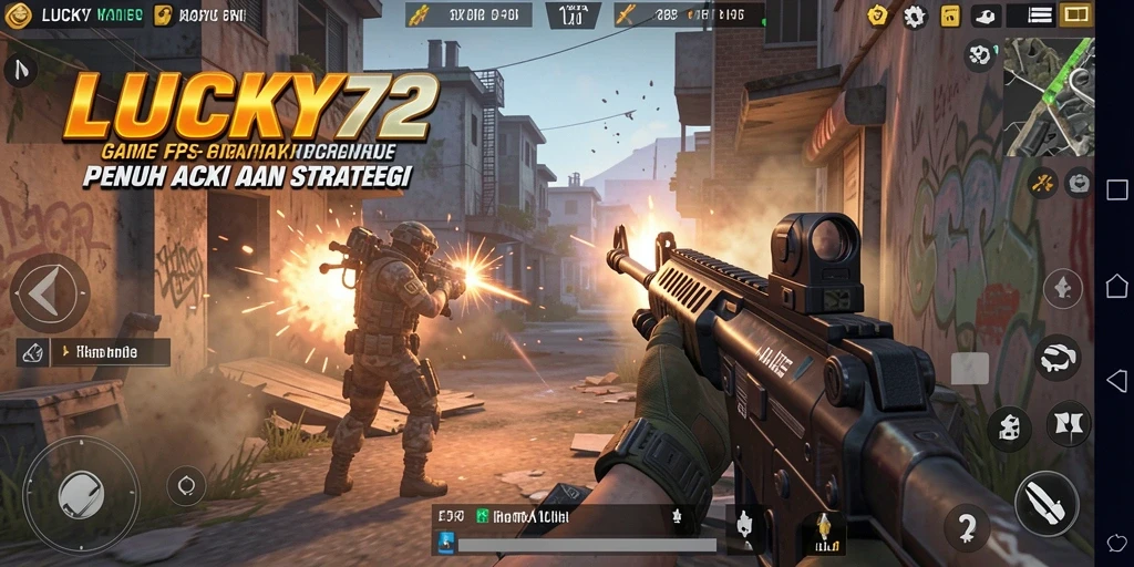 Screenshot gameplay LUCKY72 menampilkan aksi tembak-menembak yang intens.
