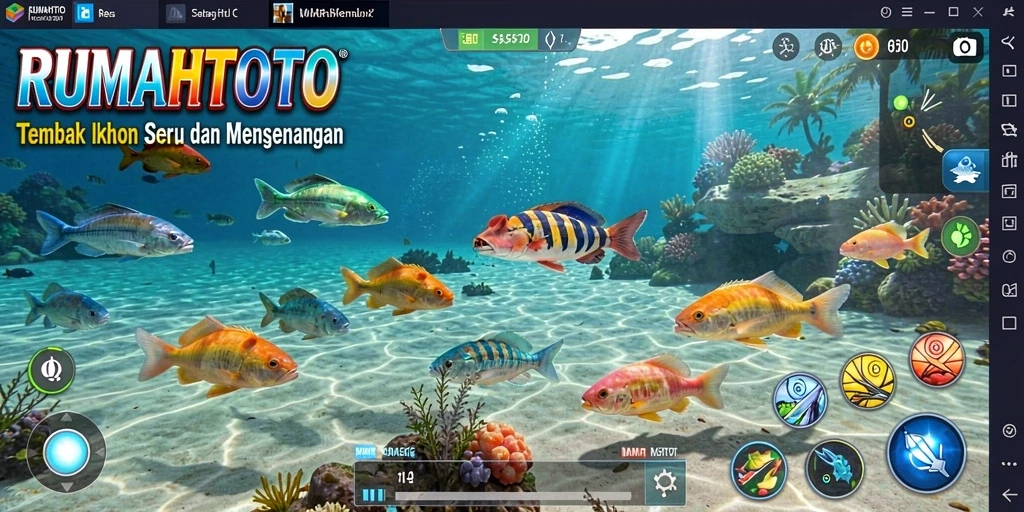 Screenshot gameplay seru RUMAHTOTO dengan aksi tembak ikan.