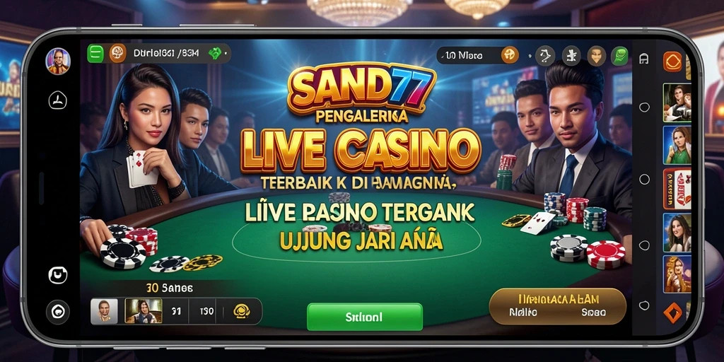 Screenshot gameplay <strong>SAND77</strong> menampilkan dealer dan pemain dengan suasana kasino yang nyata.