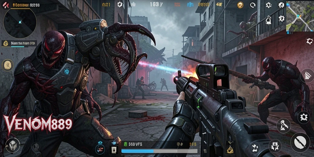 Tampilan gameplay mendebarkan dari VENOM889 dengan aksi tembak-menembak intens.