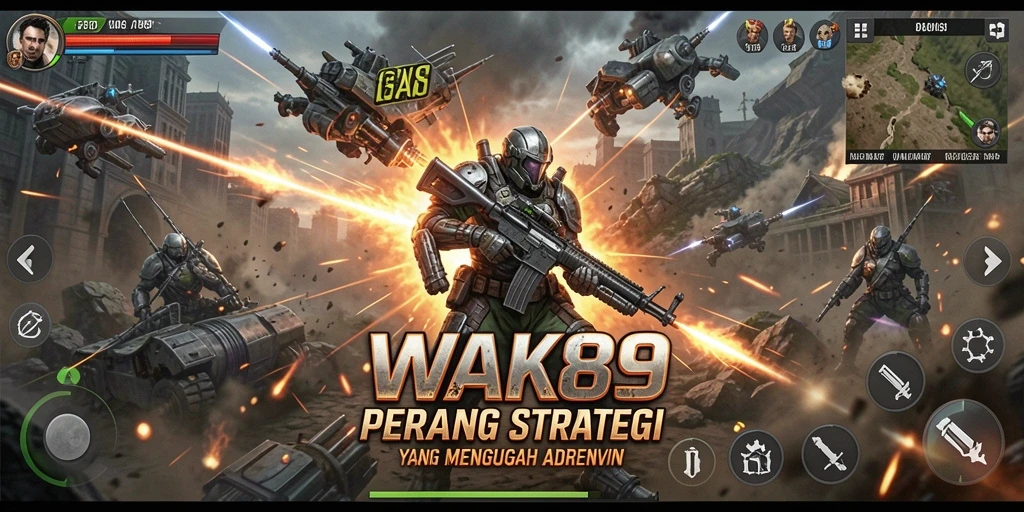 Screenshot utama WAK89 menampilkan aksi pertempuran seru dalam permainan strategi.